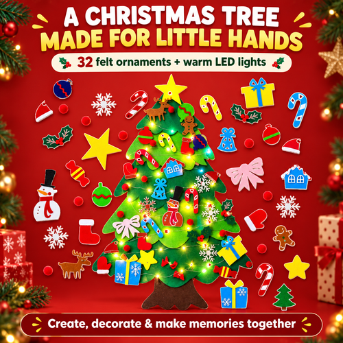 Family DIY Felt Christmas Tree with 32 Ornaments & LED Lights