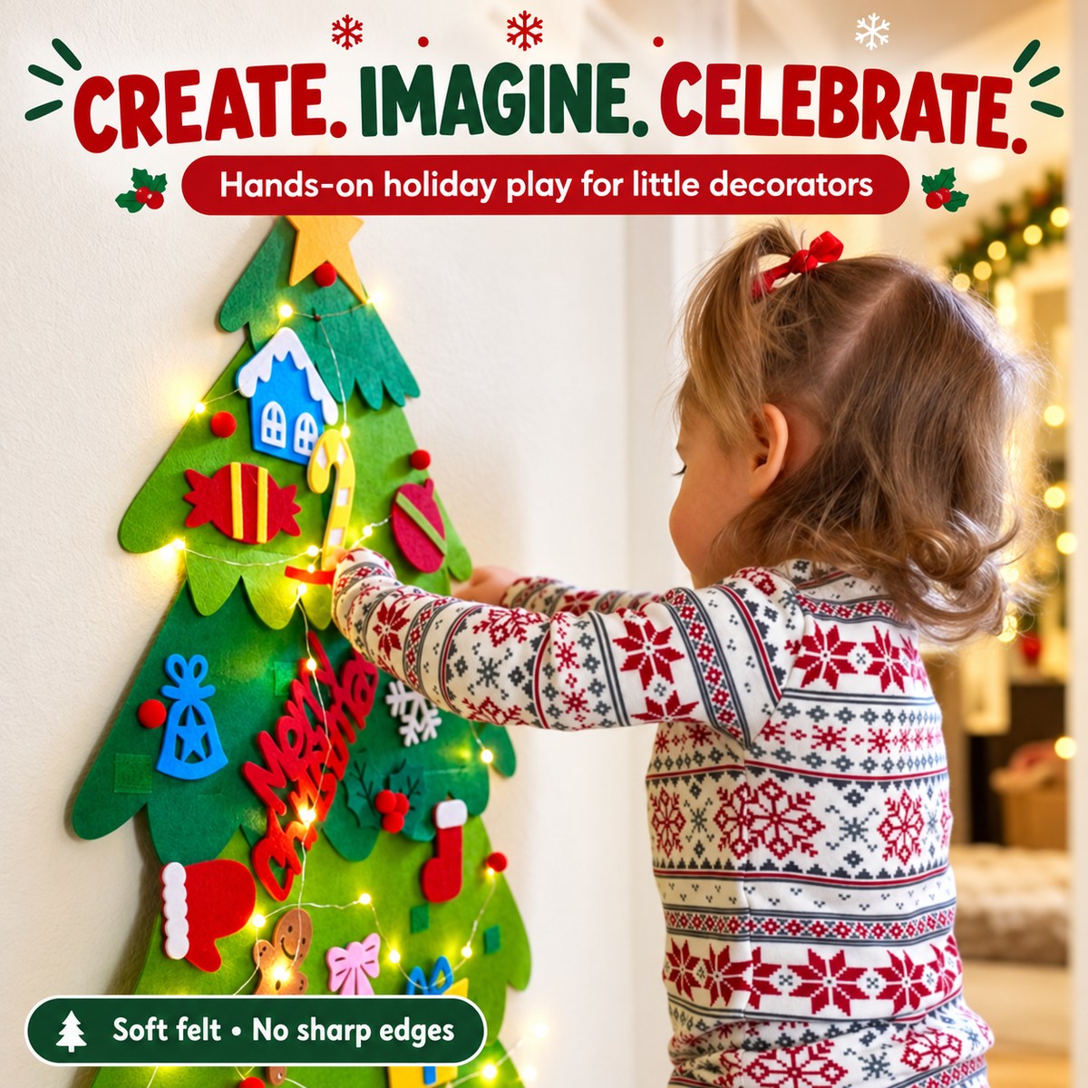Family DIY Felt Christmas Tree with 32 Ornaments & LED Lights
