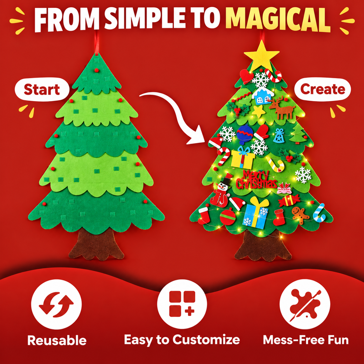 Family DIY Felt Christmas Tree with 32 Ornaments & LED Lights
