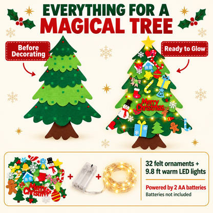 Family DIY Felt Christmas Tree with 32 Ornaments & LED Lights