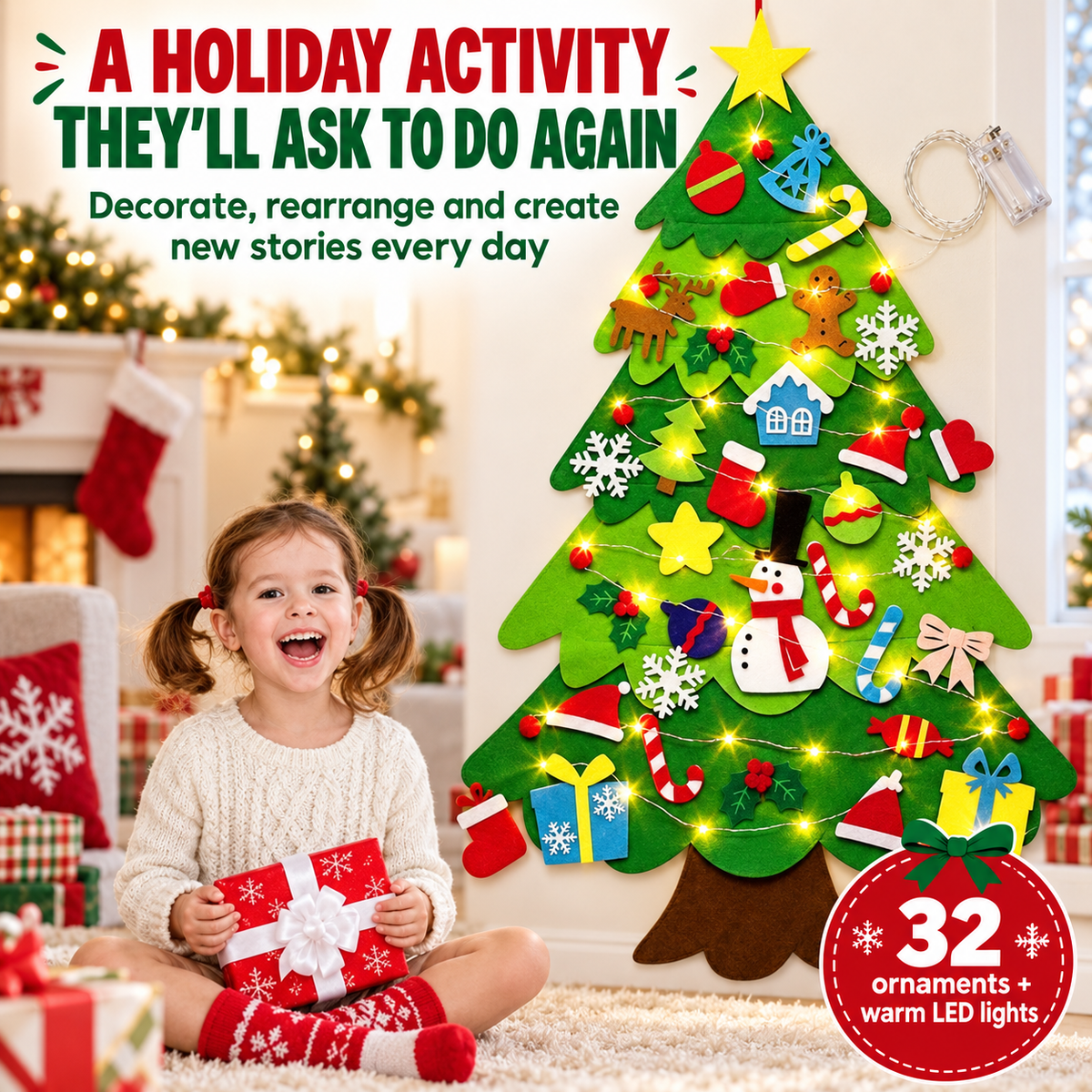 Family DIY Felt Christmas Tree with 32 Ornaments & LED Lights